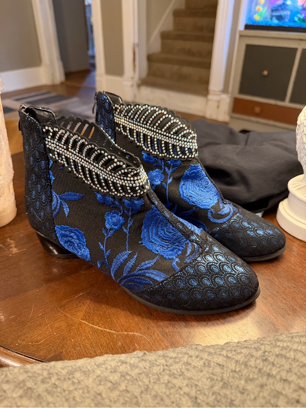 Beaded Floral Embroidered Ankle Booties in Blue and Black